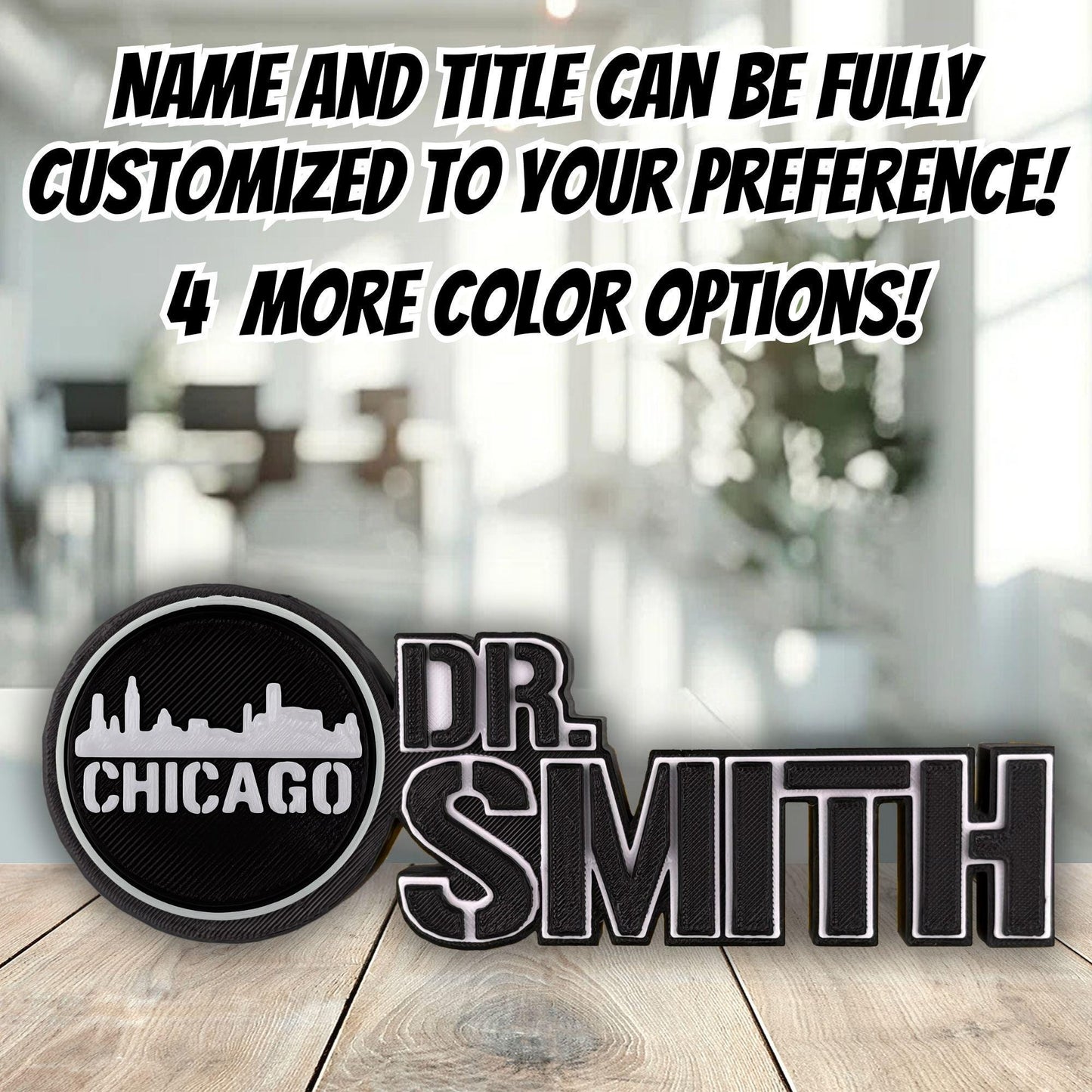 Personalized Chicago Skyline Desk Name Plate, Teacher Plaque, Desk Accessories
