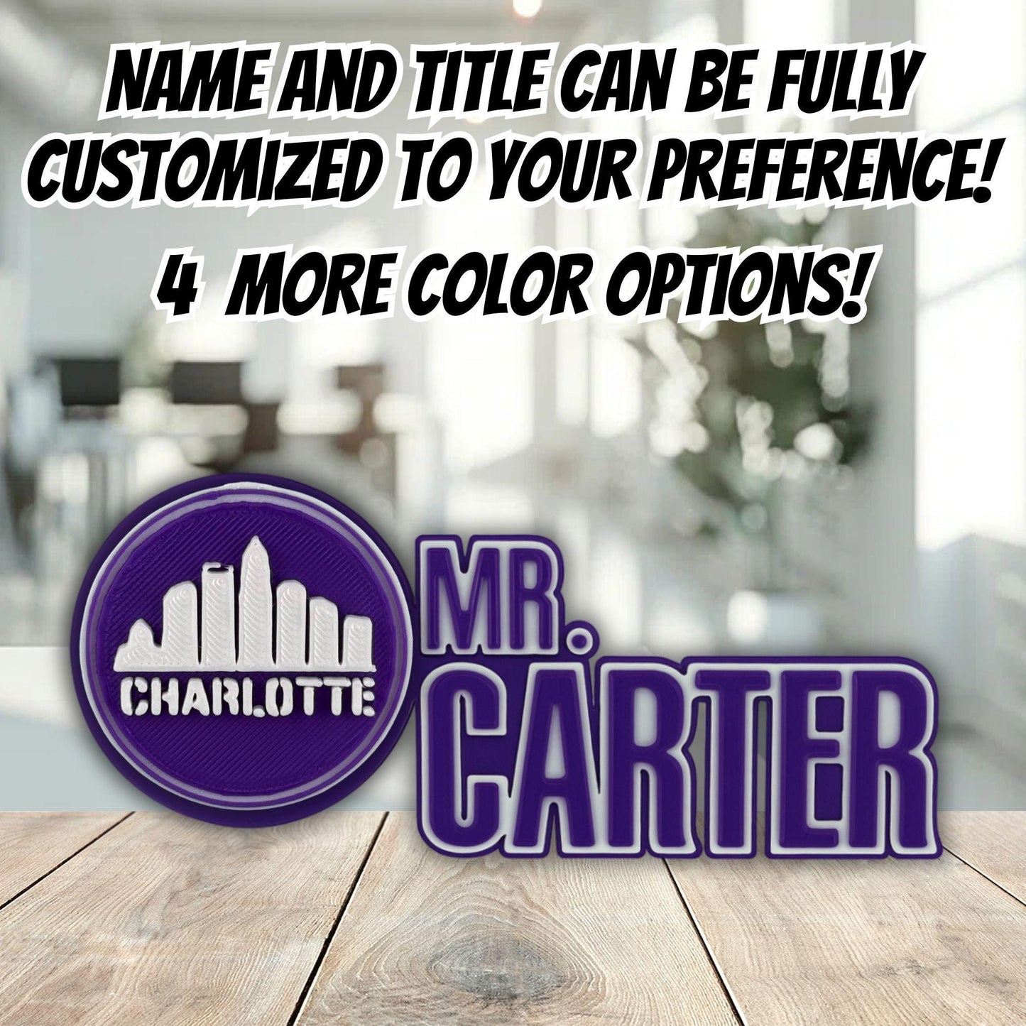 Personalized Charlotte Skyline Desk Plate, Custom Desk Signs, Name For Office