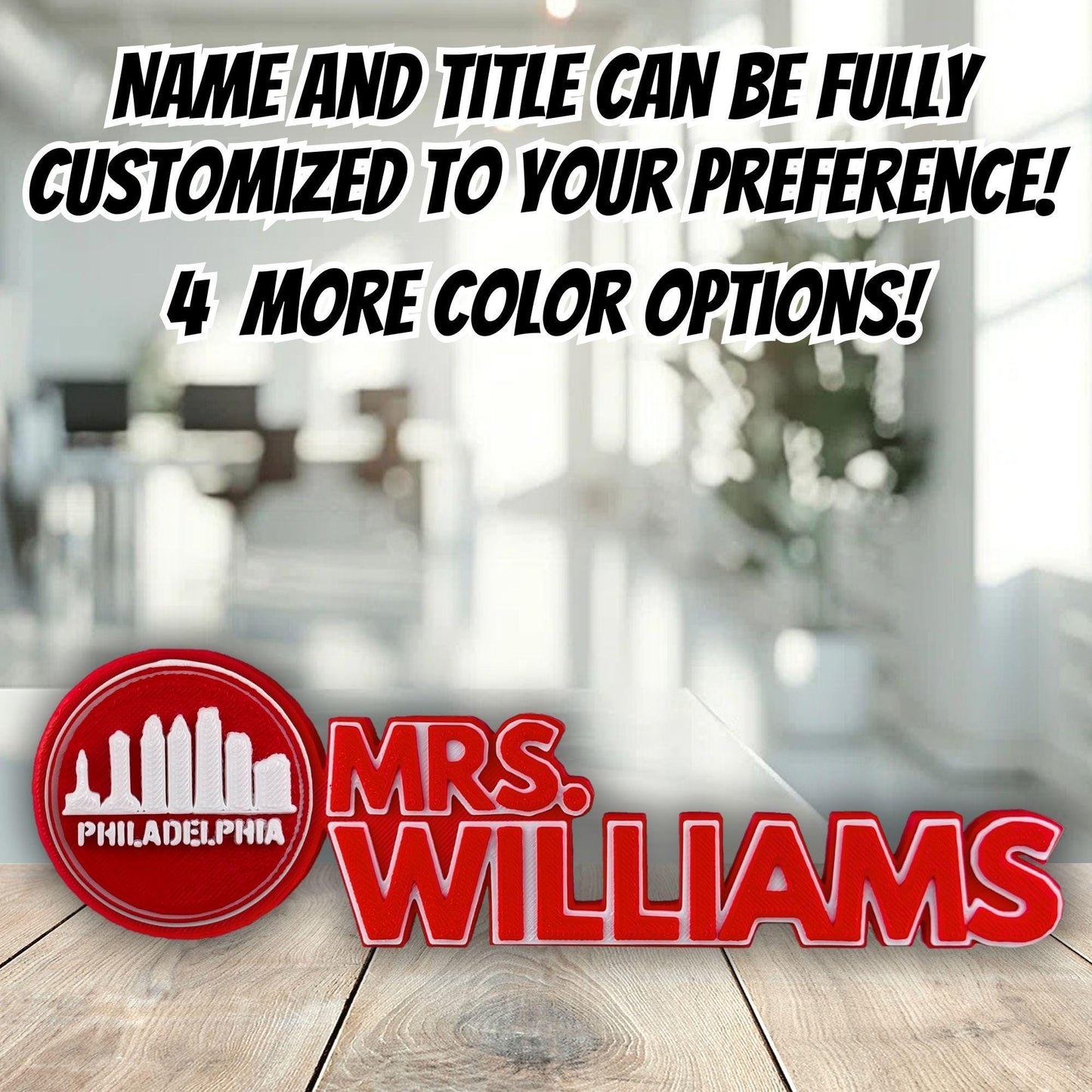 Personalized Philadelphia Skyline Desk Name Plate, Office Gift For Boss, Teacher Classroom