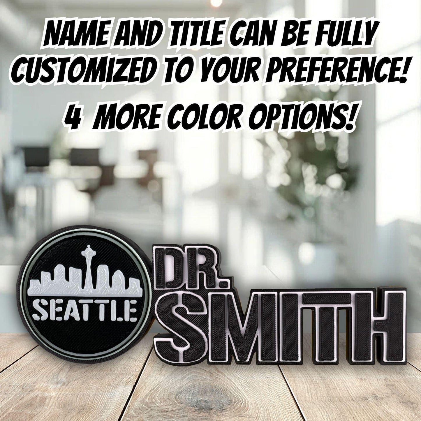 Personalized Seattle Skyline Desk Name Plate, Executive Desk Plaque, Nameplate Gift, Business Decor