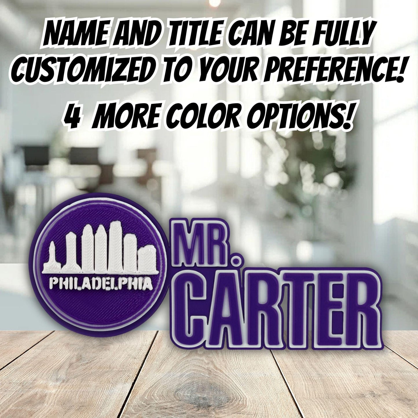 Personalized Philadelphia Skyline Desk Name Plate, Office Gift For Boss, Teacher Classroom