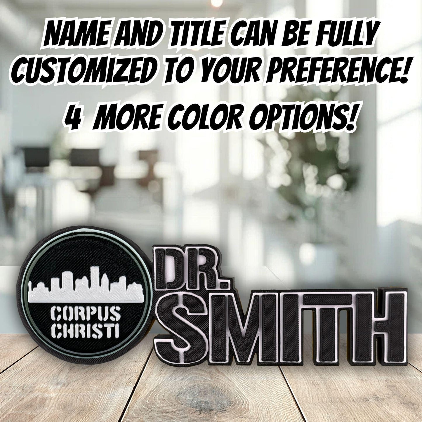 Personalized Corpus Christi Skyline Desk Name Plate, Office Custom Logo, Desk Accessories