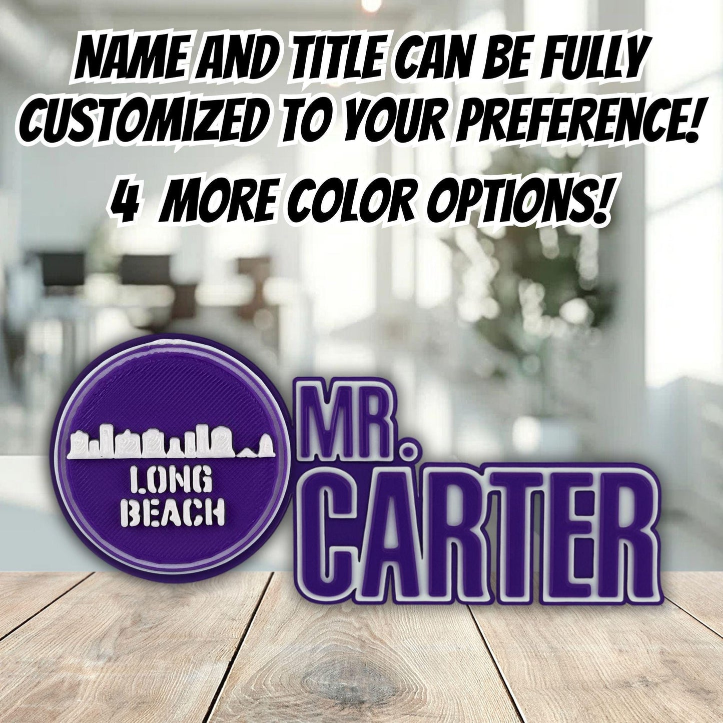 Personalized Long Beach Skyline Desk Plate, Office Name Plaque, Custom Desk Sign