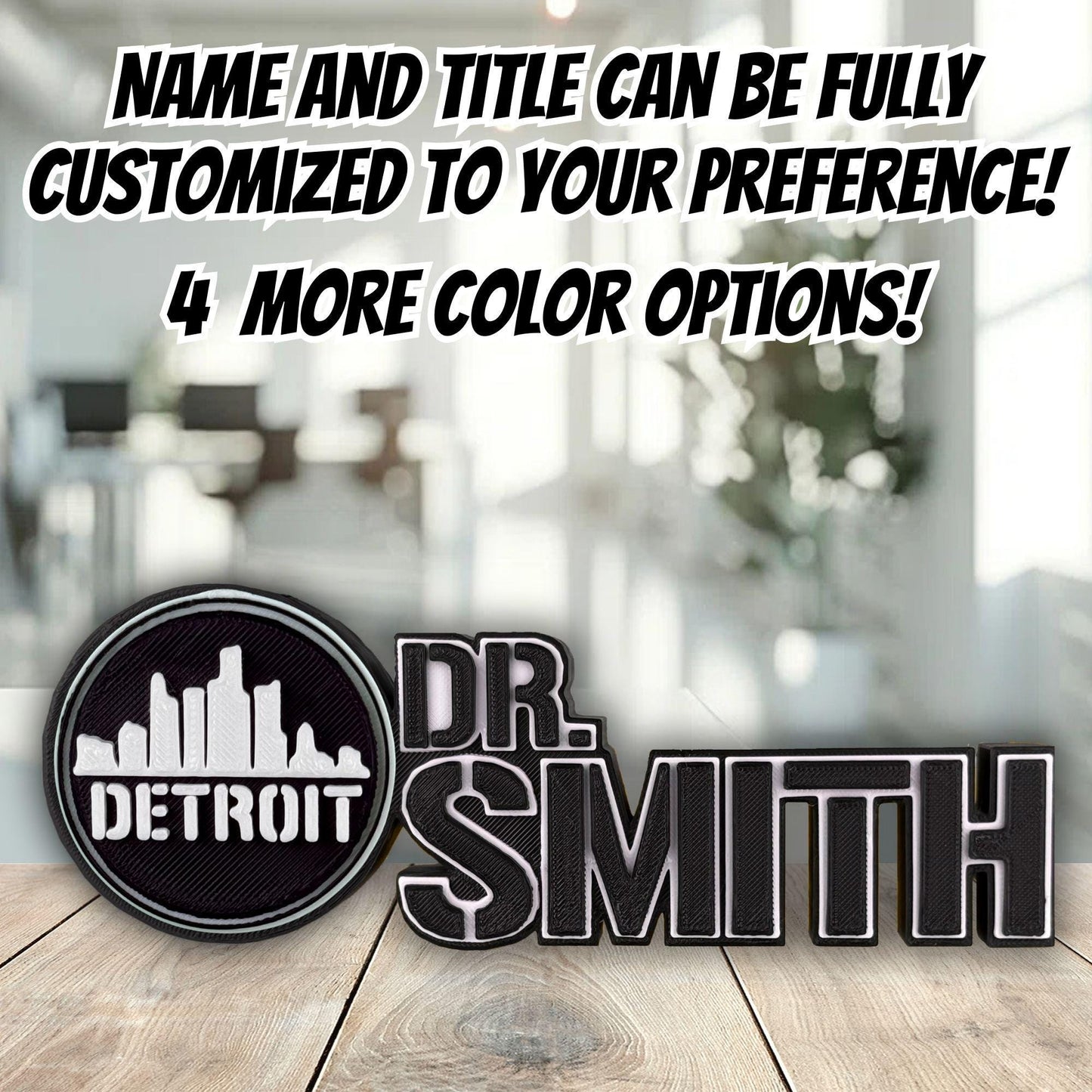 Personalized Detroit Skyline Desk Name Plate, Custom Company Title, Desk Accessories