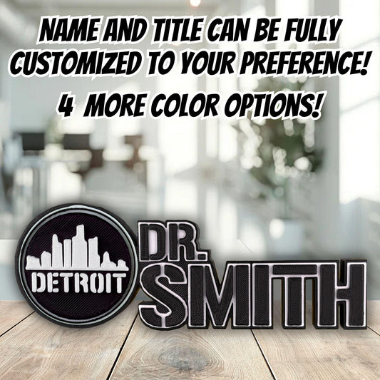 Personalized Detroit Skyline Desk Name Plate, Custom Company Title, Desk Accessories