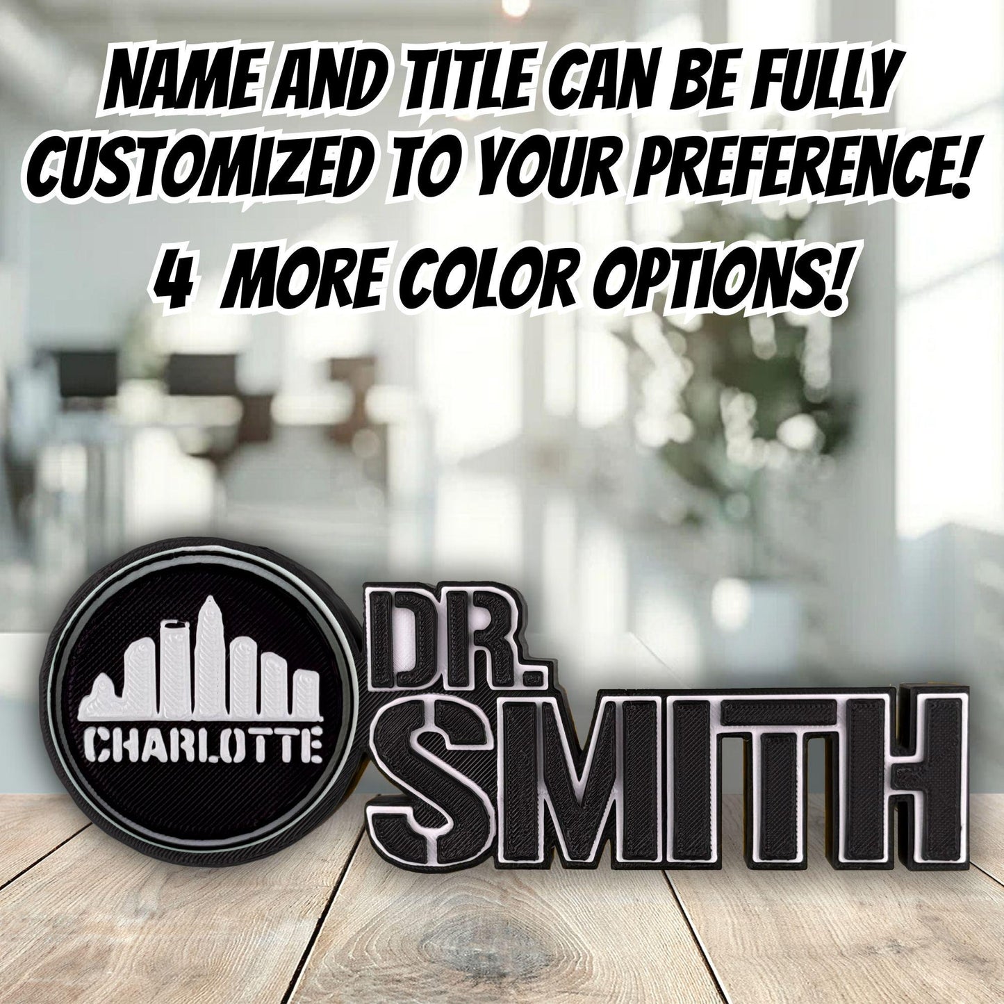Personalized Charlotte Skyline Desk Plate, Custom Desk Signs, Name For Office
