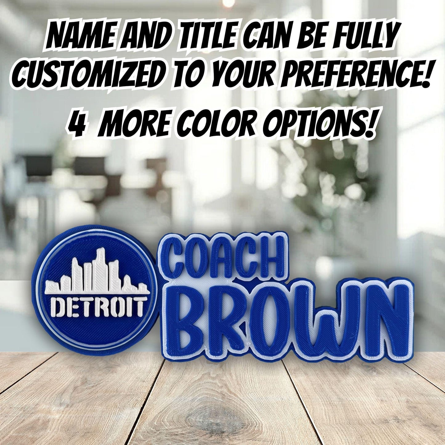 Personalized Detroit Skyline Desk Name Plate, Custom Company Title, Desk Accessories