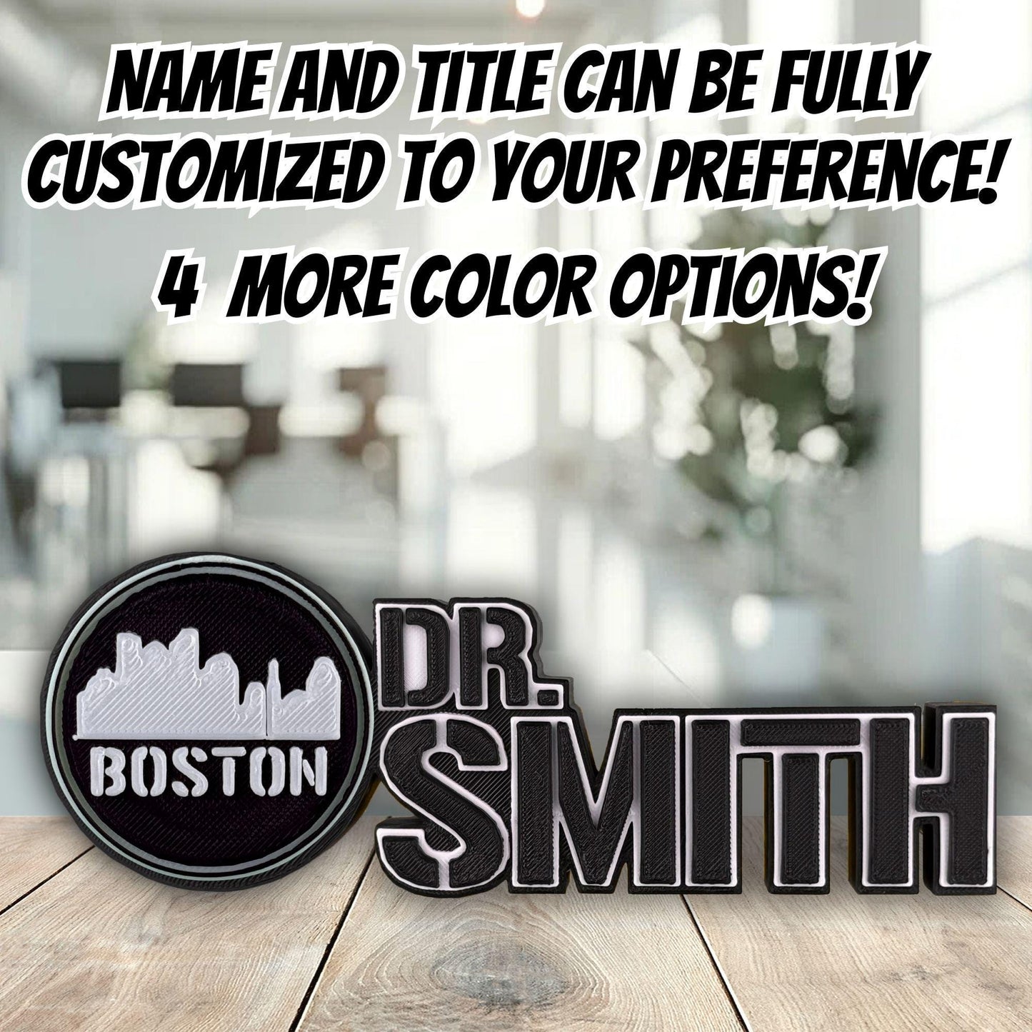 Personalized Boston Skyline Desk Name Plaque, Custom Name Plate, For Office Gift