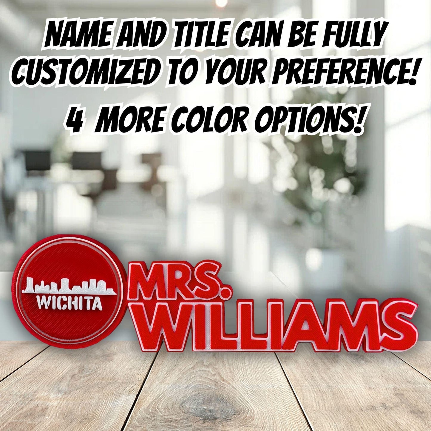 Personalized Wichita Skyline Desk Name Plate, Professor Decorating, Boss Name Gift,