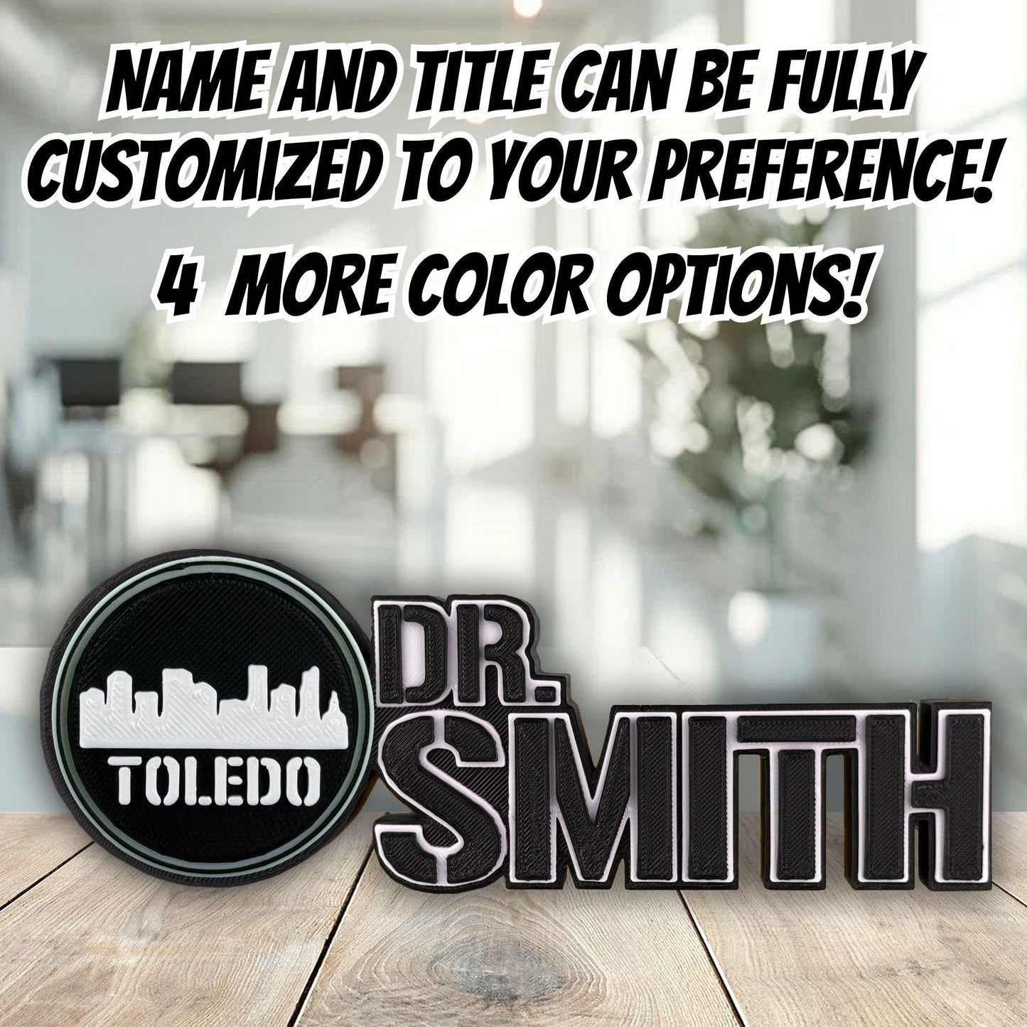 Personalized Toledo Skyline Desk Name Plate, Desktop Nameplate, Custom Plaque