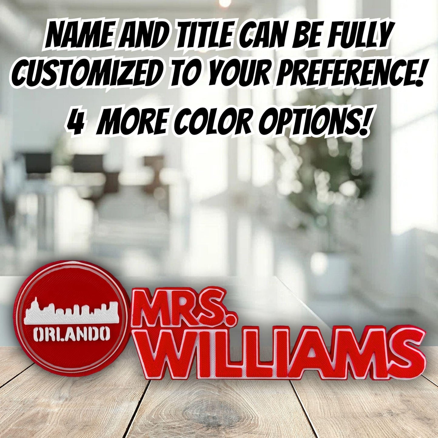 Personalized Orlando Skyline Desk Name Plate, Custom Desk Stand, Teacher gift