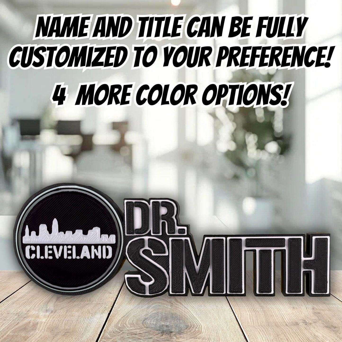 Personalized Cleveland Skyline Desk Name Plate, Office Work School, Name Sign