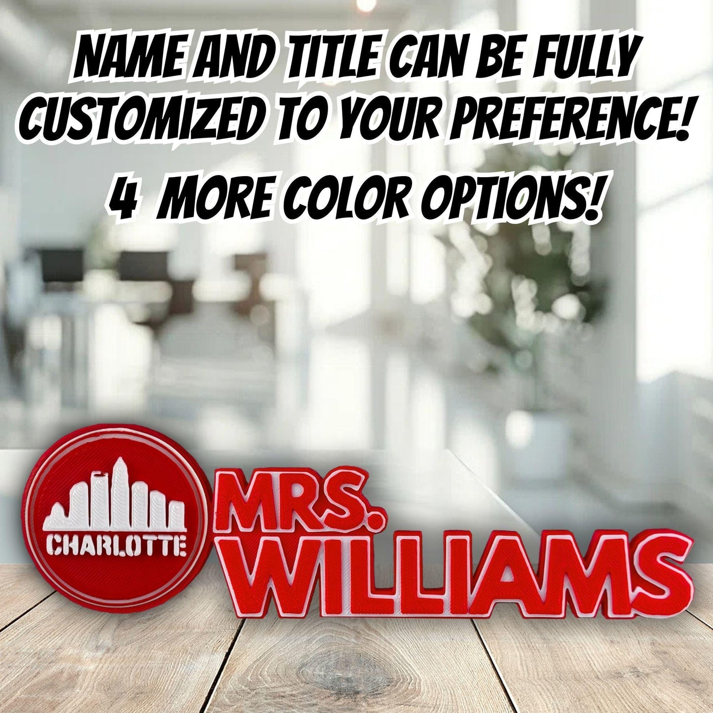 Personalized Charlotte Skyline Desk Plate, Custom Desk Signs, Name For Office