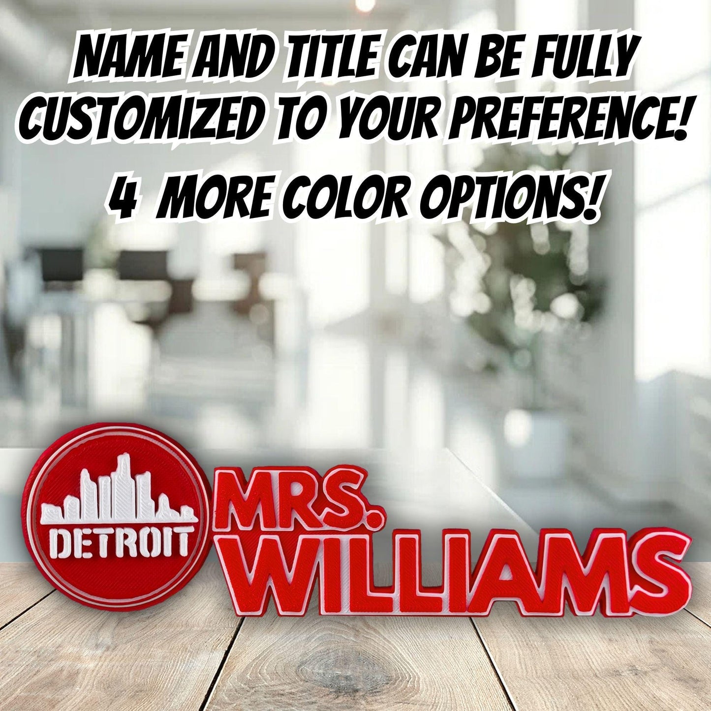 Personalized Detroit Skyline Desk Name Plate, Custom Company Title, Desk Accessories